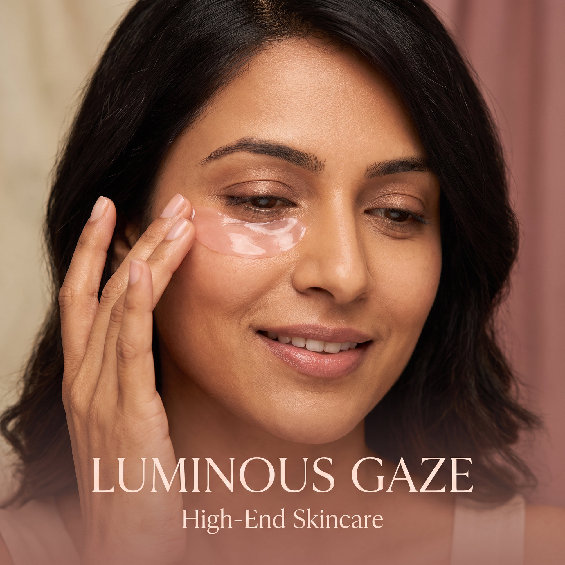 Model applying eye cream, wheatish skin tone