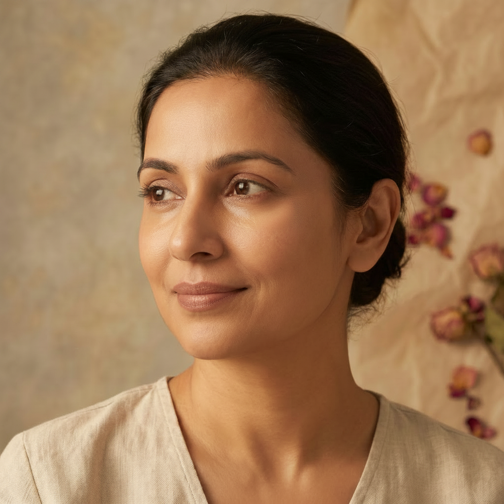 Model applying eye cream, fair wheatish skin tone