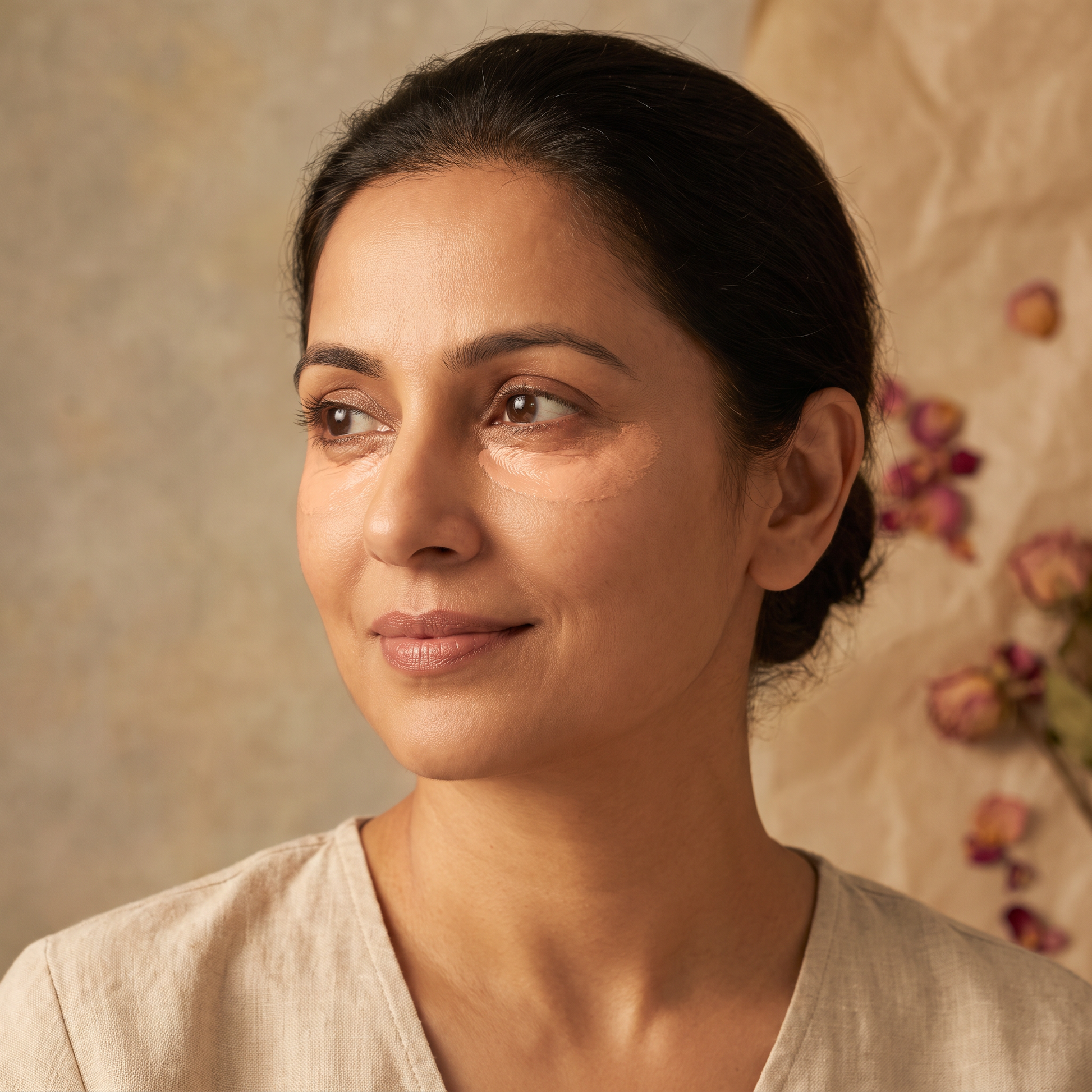 Model applying eye cream, fair wheatish skin tone